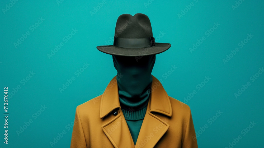 Nobody, the concept of an identity crisis. An impersonal person. A man in a coat and hat, his face is hidden. Turquoise background Nobody, the concept of an identity crisis. An impersonal person. A man in a coat and hat, his face is hidden. Turquoise background