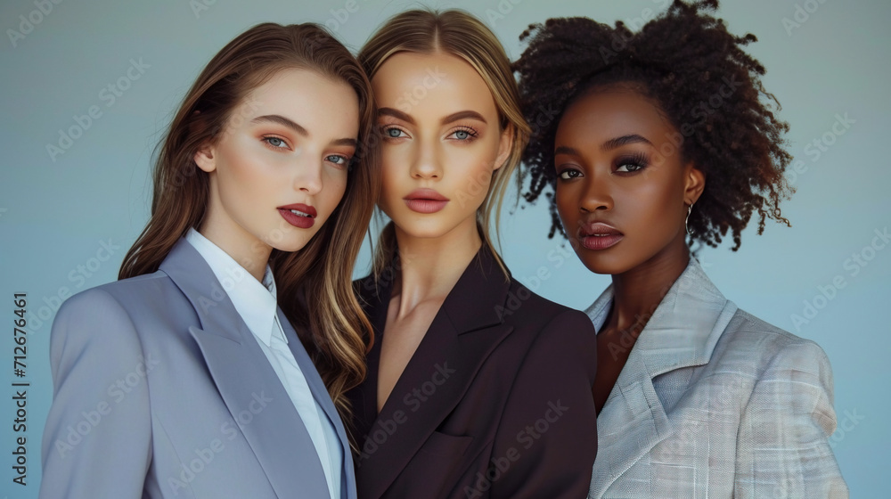 Stylish businesswomen and a model with beautiful makeup pose for the camera in the studio Stylish businesswomen and a model with beautiful makeup pose for the camera in the studio