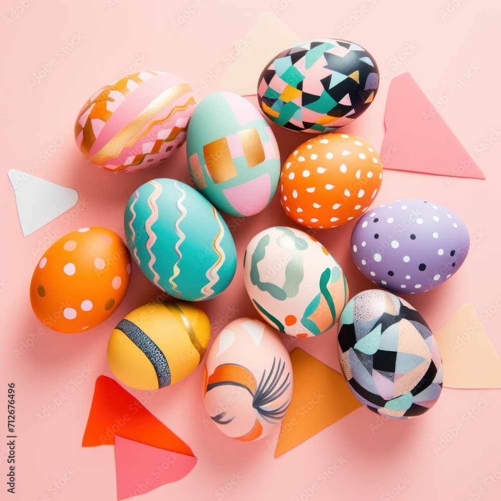 Happy Easter. Greetings card of some colorful painted Easter eggs with different designs, dot and stripes, peach fuzz colors, unique contemporary pattern. Top view