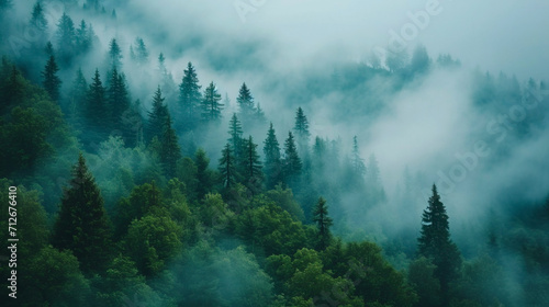 Misty mountain landscape with forest and fog