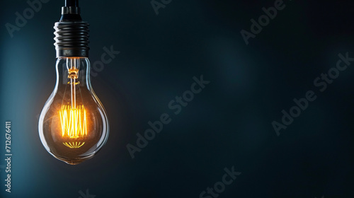 One of the light bulbs glows against the background of a light bulb turned off in a dark area with a copy space for creative thinking photo