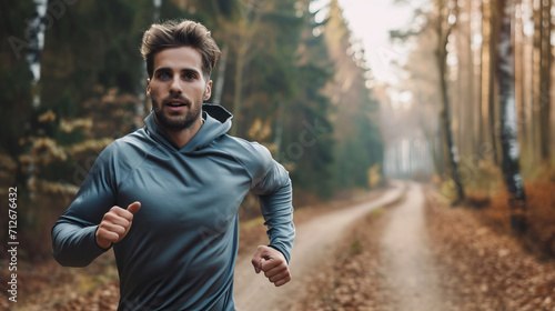 Portrait of a running male fitness model training on a forest road against a natural landscape