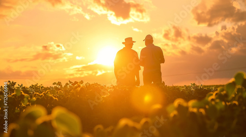 Portrait of two farmers in a soybean field. Sunset