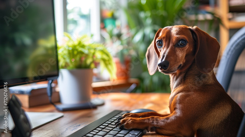 Working at home with a young dachshund is not easy. Funny photo