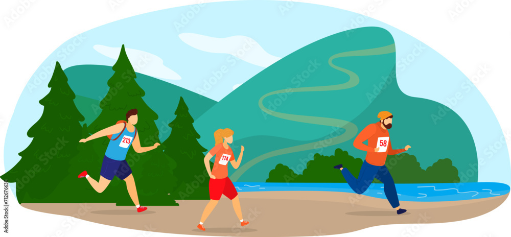Two men and a woman are running in a marathon race outdoors, with numbers on their sportswear, trees and mountains in the background. Competition in nature and fitness challenge vector illustration. Two men and a woman are running in a marathon race outdoors, with numbers on their sportswear, trees and mountains in the background. Competition in nature and fitness challenge vector illustration.