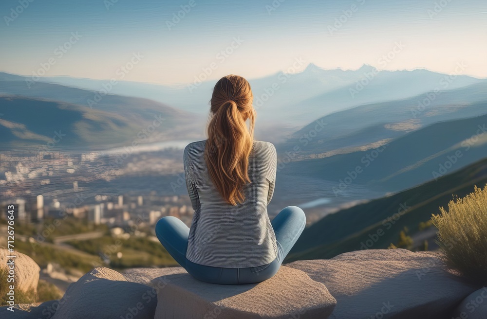 Adventure photo of young short haired woman sitting on the rock over the city with hill (Zobor) on background. Traveler (female model) resting and enjoying the view on the cityscape and landscape.