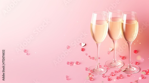 two clinking champagne glasses, accompanied by a splash of red heart-shaped confetti over a pink background, with ample copy space, embodying the essence of Valentine's Day.