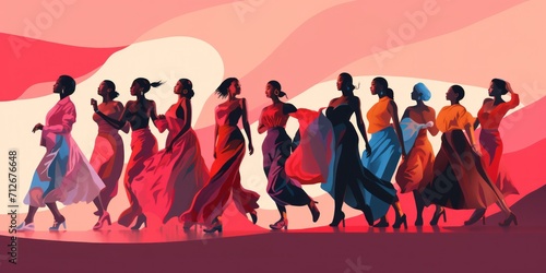 Happy Women's day. Women of different ethnicities and cultures stand side by side together and dancing. Sisterhood and females friendship. sexy multiethnic girls best friends. happy african american photo