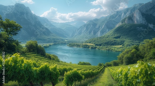 Beautiful landscape with mountains and river in a wine region, sunshine bright summer