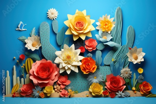Paper art style carving of blossom desert landscape show sand flowers and cactus plants.