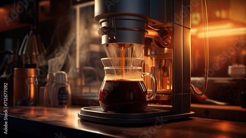 a coffee maker in action, brewing coffee with bright, front lighting to accentuate the process and the rich tones of the coffee. photo