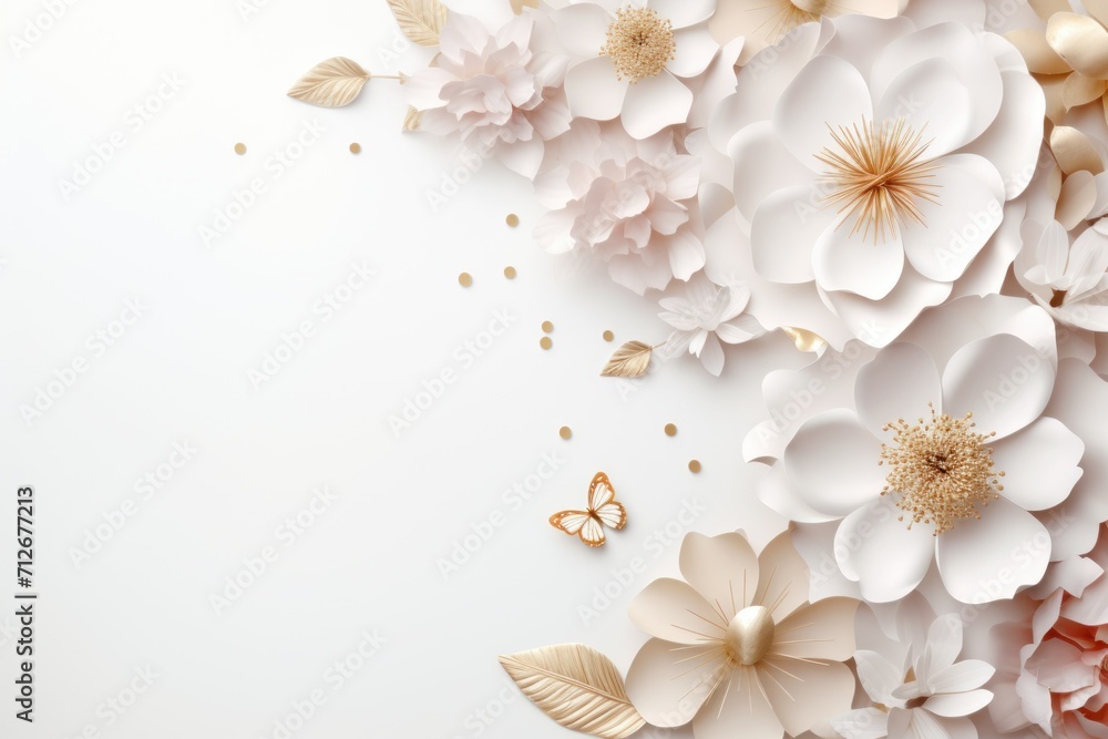 Happy women's day. Mother's day. 8 march. Flowers on stem with leaves, white Blossom floral bouquet in plastic 3d realistic render or paper cut. banner Happy women's day. Mother's day. 8 march. Flowers on stem with leaves, white Blossom floral bouquet in plastic 3d realistic render or paper cut. banner