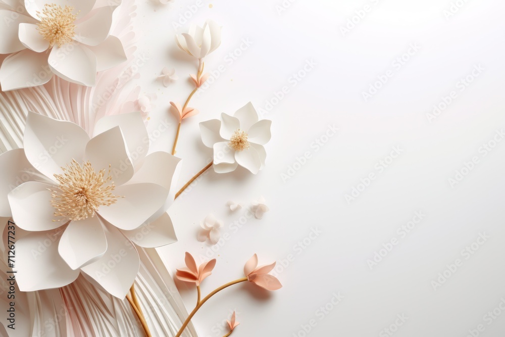 Happy women's day. Mother's day. 8 march. Flowers on stem with leaves, white Blossom floral bouquet in plastic 3d realistic render or paper cut. banner