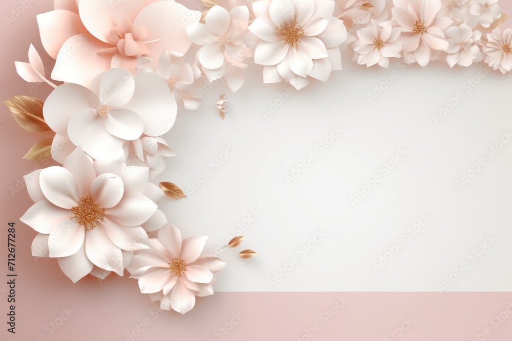 Happy women's day. Mother's day. 8 march. Flowers on stem with leaves, white Blossom floral bouquet in plastic 3d realistic render or paper cut. banner Happy women's day. Mother's day. 8 march. Flowers on stem with leaves, white Blossom floral bouquet in plastic 3d realistic render or paper cut. banner