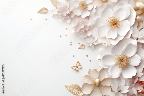 Happy women's day. Mother's day. 8 march. Flowers on stem with leaves, white Blossom floral bouquet in plastic 3d realistic render or paper cut. banner