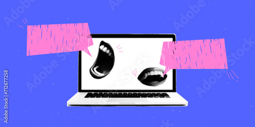 Trendy halftone collage with laptop. Online chat concept. Colorful vector design with mouths and speech bubble.