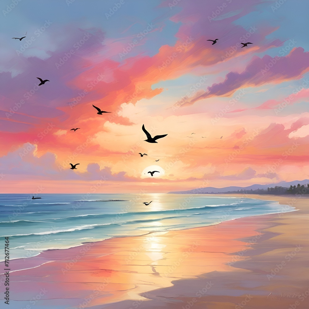 Fototapeta premium sunset, sky, sea, sun, bird, sunrise, birds, ocean, nature, landscape, water, flying, orange, clouds, cloud