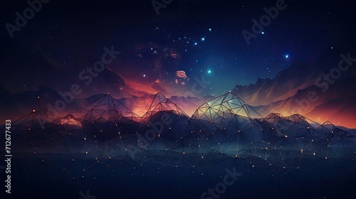 a panoramic abstract background featuring dots and triangles connecting to symbolize a global network, the concept that the world is interconnected, illustrating a digitally futuristic Earth