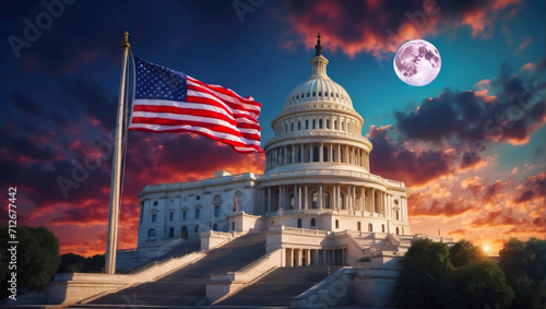 The US Capitol with a USA flag in front of it