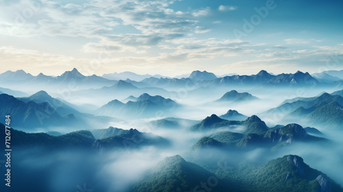 Illustration of an imaginary world, panorama of a tall rocky mountain covered in white smoke, under the mountain flowing a clear and fresh river, dark color , generate AI