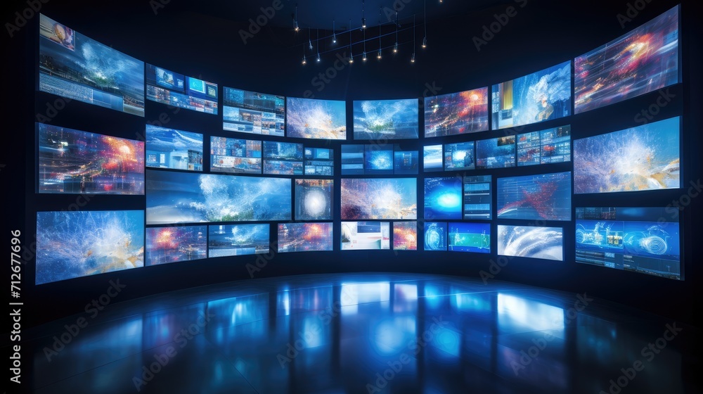 a multimedia video wall in a television broadcast setting, the dynamic display of multiple television screens to capture the essence of modern media production. a multimedia video wall in a television broadcast setting, the dynamic display of multiple television screens to capture the essence of modern media production.