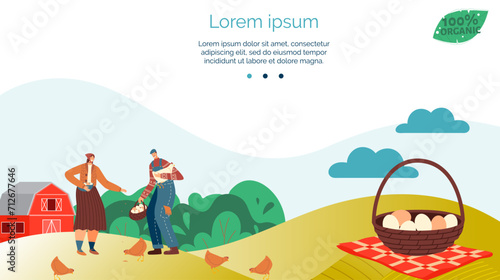 Elderly woman feeds chickens, young man carries eggs on farm. Rural lifestyle with livestock and fresh produce vector illustration.
