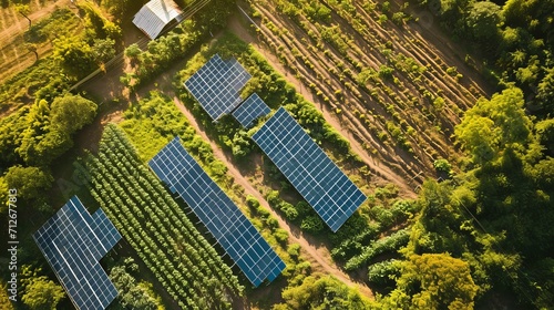 Aerial image of African developments beside a busy highway, with solar panels atop farms to ensure fresh vegetables for the metropolis photo