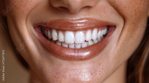 Woman smiling with bright white teeth into the camera, clean teeth dentist