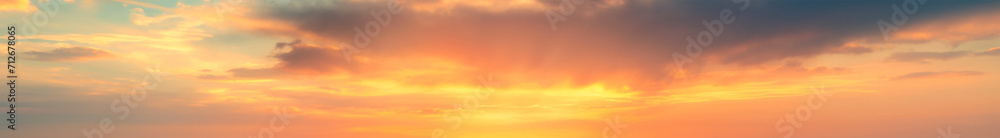 extra wide panoramic fiery sunset sky. Vibrant gradient tones. poster banner landing page background design. Vibrant fantasy colorful cloudscape. Orange and yellow gradient sky