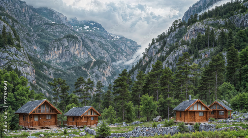 Mountain cabins by a forest clearing.