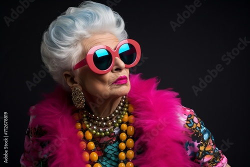 Portrait of a beautiful senior woman in pink boa and sunglasses.