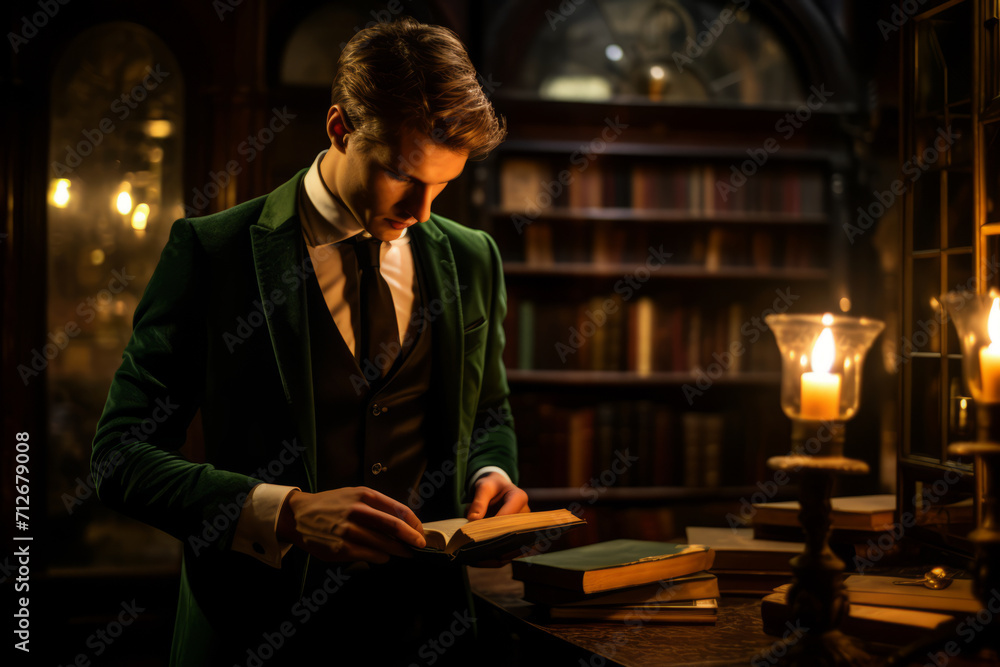 A Distinguished Gentleman in a Deep Emerald Velvet Blazer, Pausing to Reflect in an Antique Bookstore, Illuminated by Warm, Soft Candlelight A Distinguished Gentleman in a Deep Emerald Velvet Blazer, Pausing to Reflect in an Antique Bookstore, Illuminated by Warm, Soft Candlelight