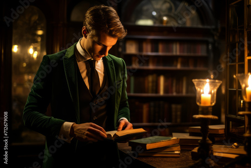 A Distinguished Gentleman in a Deep Emerald Velvet Blazer, Pausing to Reflect in an Antique Bookstore, Illuminated by Warm, Soft Candlelight
