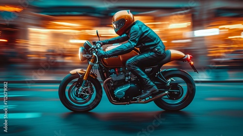 motor bike is racing on a normal street with blurred motion © Nico