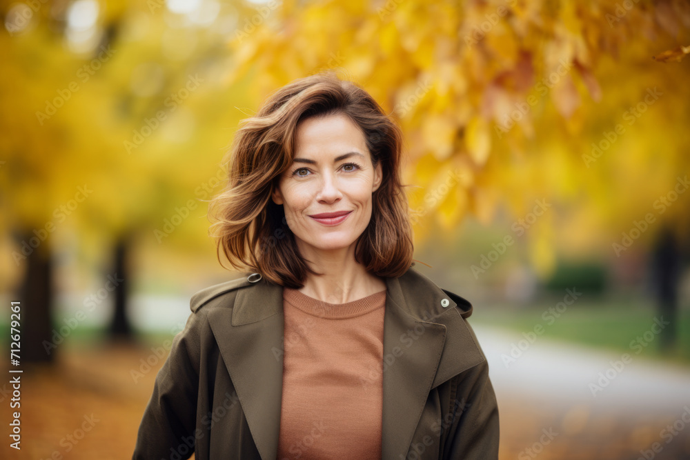 A tall, elegant, mature woman with chestnut hair, standing confidently in a vibrant city park during autumn, with the golden leaves matching her warm hair color A tall, elegant, mature woman with chestnut hair, standing confidently in a vibrant city park during autumn, with the golden leaves matching her warm hair color
