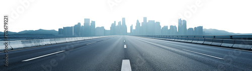 Estra wide panoramic highway leading to a modern city skyline n the horizon. Tall buildings and skyscrapers. Bright misty foggy background. Winter bright daytime. Pen tool premium flawless cutout.  photo