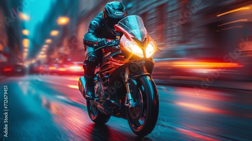 motor bike is racing on a normal street with blurred motion