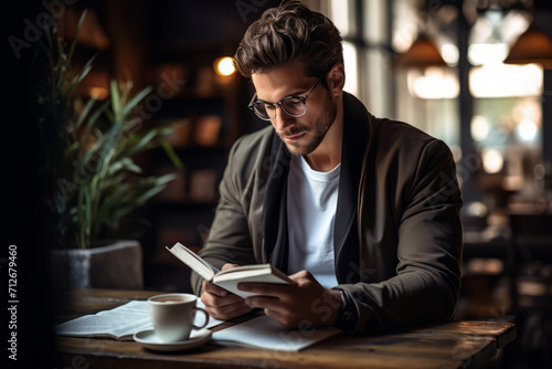 Young, clean-shaven adult male in spectacles engrossed in a captivating novel at a quaint, local coffee shop, surrounded by the aroma of freshly brewed coffee
