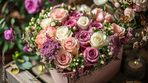 lovely bouquet in a box shaped like a heart.