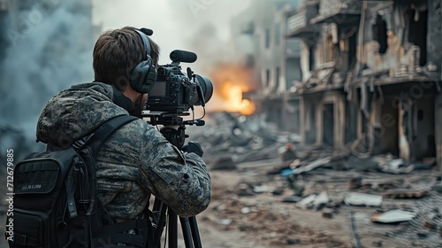 War reporter broadcasting live from a conflict zone. photo
