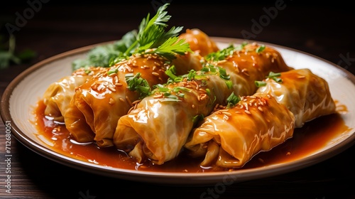 View of a dish of cabbage rolls up close photo