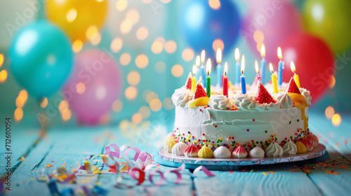 Birthday background with birthday cake with candles and colorful balloon