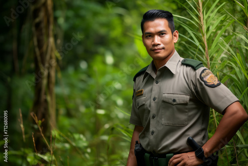 A dedicated Conservation Officer, standing tall amidst the lush greenery of a protected forest, his eyes reflecting the determination to preserve nature's beauty © aicandy