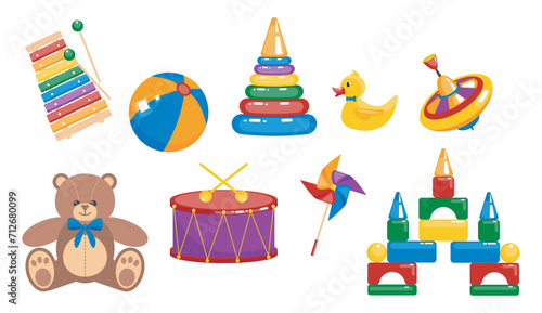 Vector set of toys. Different colorful play set. Childish toys set. 