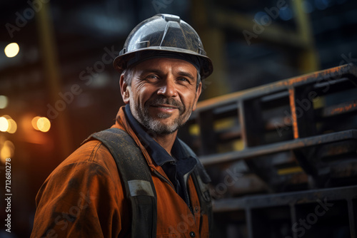 Portrait of a Resilient Ironworker, Sweating and Struggling, Yet Smiling Amidst the Industrial Chaos, Steel Beams and Sparks Flying in the Background