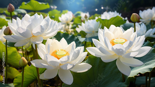 beautiful white Lotus flowers with green leaves in the pond   Generate AI