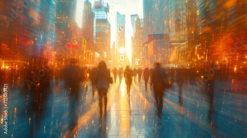 city center with people in walking in blurred motion