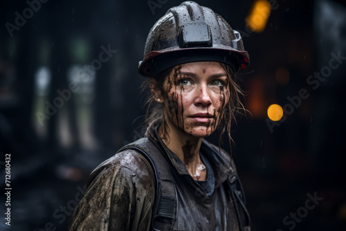 Portrait of a Resilient Female Coal Miner, Covered in Soot, Holding Her Hard Hat, Standing Against the Backdrop of a Dark Mine © aicandy