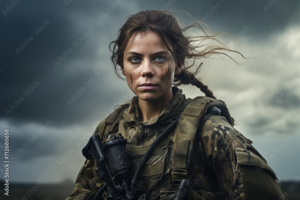 Portrait of a Determined Female Infantryman, Clad in Camouflage Uniform, Standing Tall Against the Backdrop of a Rugged Battlefield Under a Stormy Sky