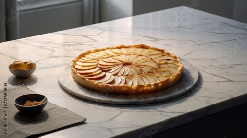 a sliced apple tart elegantly presented on a marble countertop, designed with a minimalist modern style composition or scene.